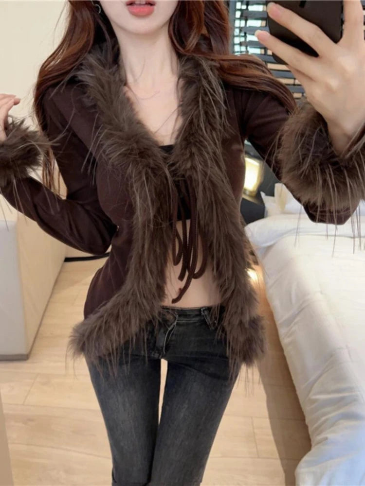 Ddbos Korean Y2k Aesthetic Elegant Fluffy Sweaters All Match Sweet Bandage Slim Sexy Coats Streetwear Fashion New Chic Cardigans Women