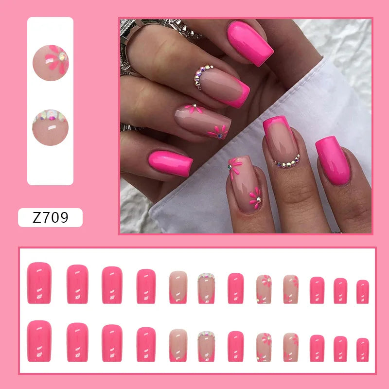 24Pcs Square Head False Nails with Gold Foil Design Flower Diamond Wearable French Fake Nail Glitter Full Cover Press on Nail