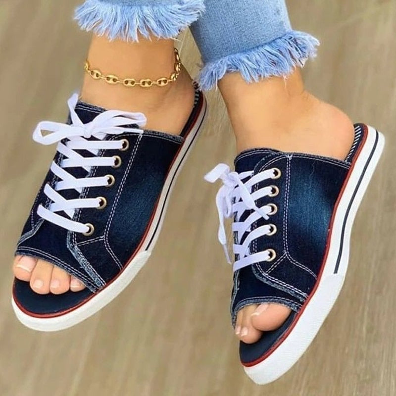 Ddbos Fashion Canvas Slippers Lace Up Open Teen Dames Faux Denim  Luxury Sandals Women Designers  Womens Shoes