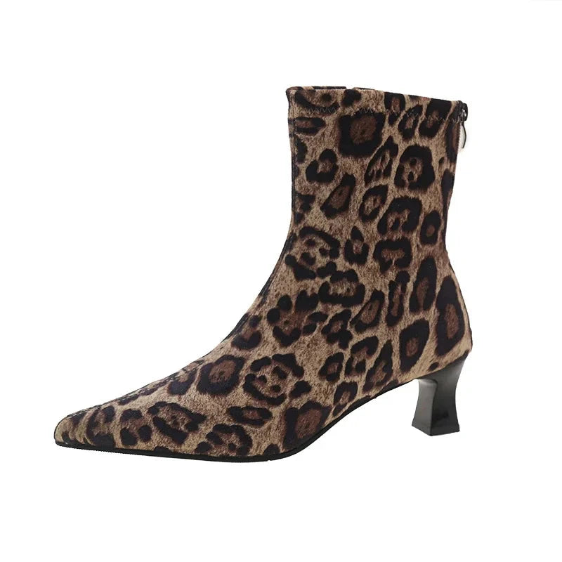 Ddbos Designer Leopard Print Women Ankle Boots Fashion Pointed Toe Short Booties Concise Thick Heels Botas De Mujer