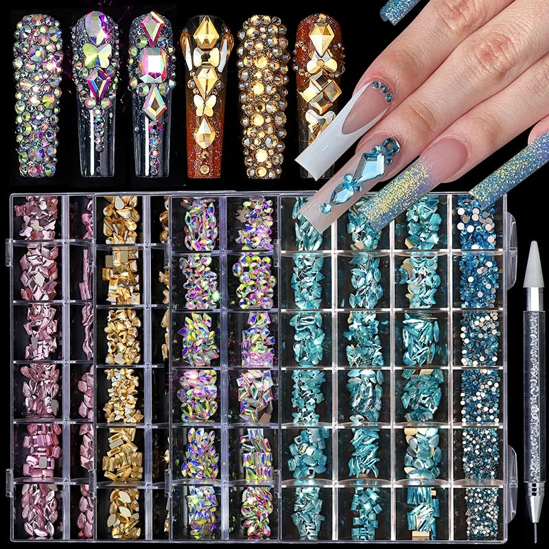 24grids Mixed Shapes Jewelry Luxury Shiny Diamond For Nail Art Decorations DIY Glass Crystal Set with Dot Drill Pen