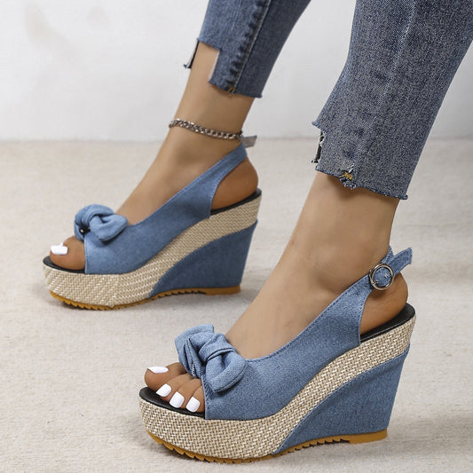 Denim Bow Decor Slingback Wedge Sandals Summer Outdoor Platform Slides Ladies Shoes Increase Height Female Sandals