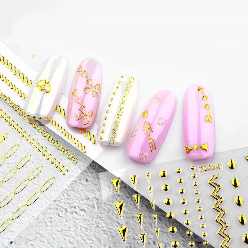 1 Sheet Gold Metal Chains Nail Stickers Mix Wave Heart Bow 3d Golden Metallic Adhesive Sticker DIY Manicure Nail Art Decorations