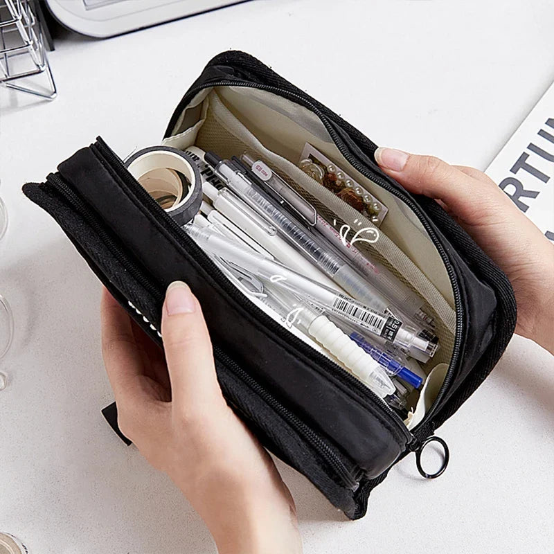 Ddbos BACK TO SCHOOL Black & White Pencil Bag Pen Case Transparent Front Belt Buckle Multi Pocket Storage Pouch Stationery