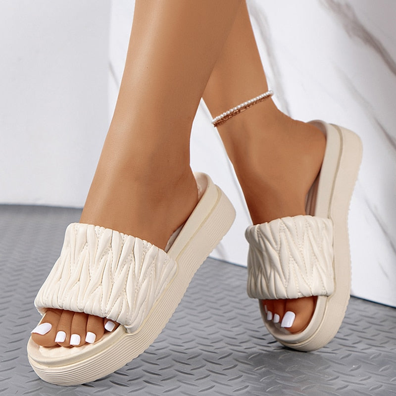 Pleats Thick Platform Sandals Women Summer Thick Bottom Wedges Sandals Woman Slides Soft Sole Rubber Slippers Outdoor Shoes