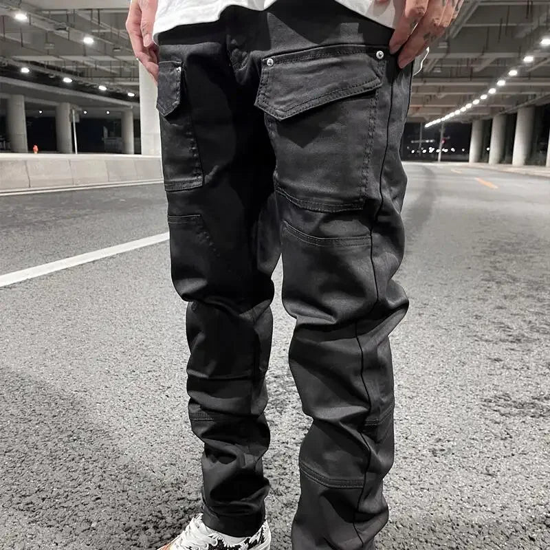 Ddbos Streetwear Kanye Slim Fit Feet Coated Black Jeans Pants for Men Pocket Brushed Wax Tapered Pants Man Casual Cargo Jeans Y2k