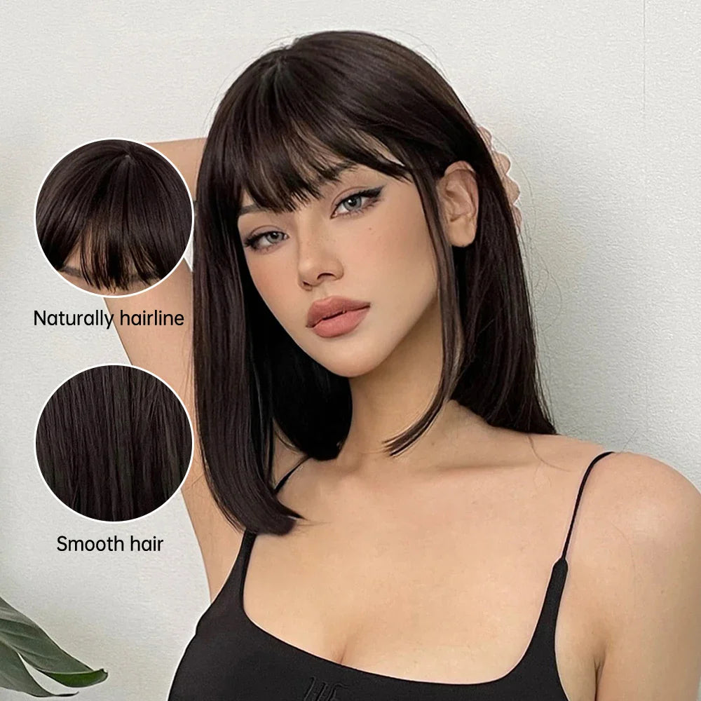 Ddbos Short Black Brown Synthetic Natural Hair Wigs for Women Bob Straight Wig with Bangs High Temperature Daily Cosplay Party Wigs