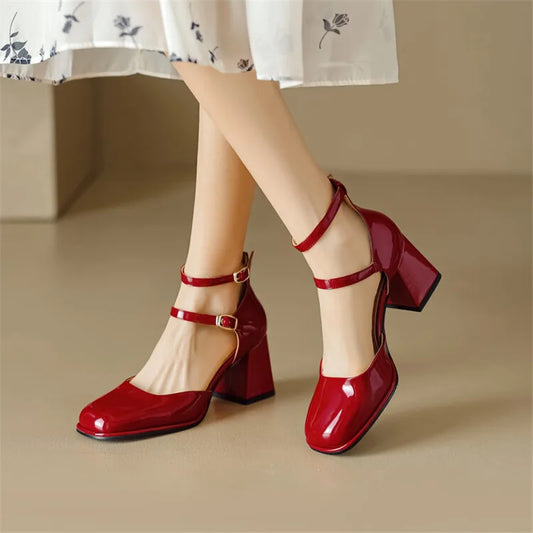 Patent Leather Summer Sandals Shoes for Women Cover Toe Sandals French Square Toe Chunky Heel Women Shoes Zapatos Mujer Handmade