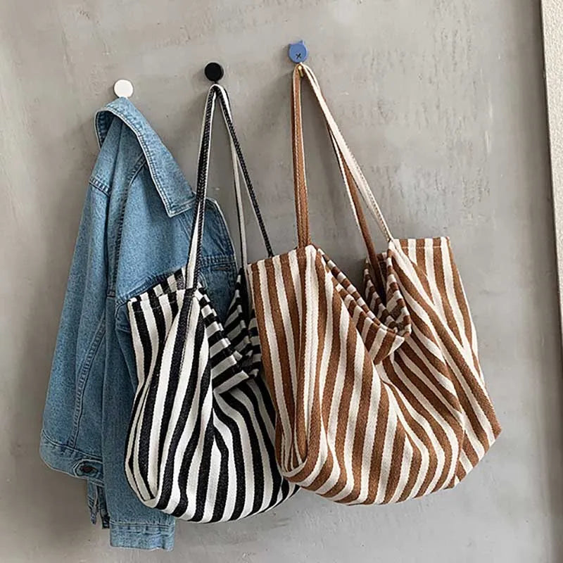 Ddbos Women's Tote Bag Striped Canvas Casual Handbags For Women Simple Shopping Large Capacity Woman Shopper School Shoulder Bag