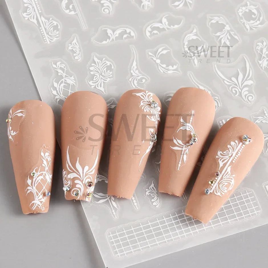 Ddbos White Lace Flower Nail Art Sticker Acrylic Floral Charm Adhesive Sliders Elegant Wedding Bride Simple Line Design Manicure Decal