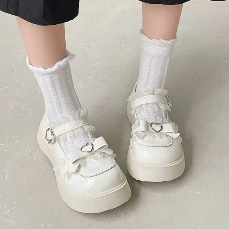 Ddbos Kawaii Lace Bowknot White Lolita Shoes Women Heart Buckle Platform Mary Janes Woman Japanese Style Patent Leather Jk Shoes