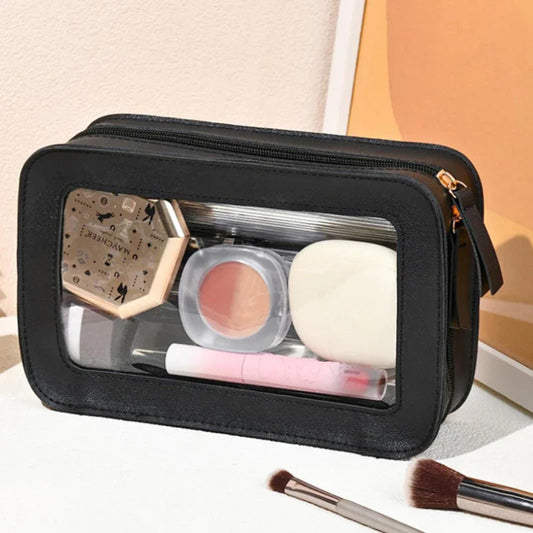 Women PU Makeup Bag Traveling Cosmetic Bag Clear Toiletry Bag Skincare Products Organizer Portable Size Toiletries Storage