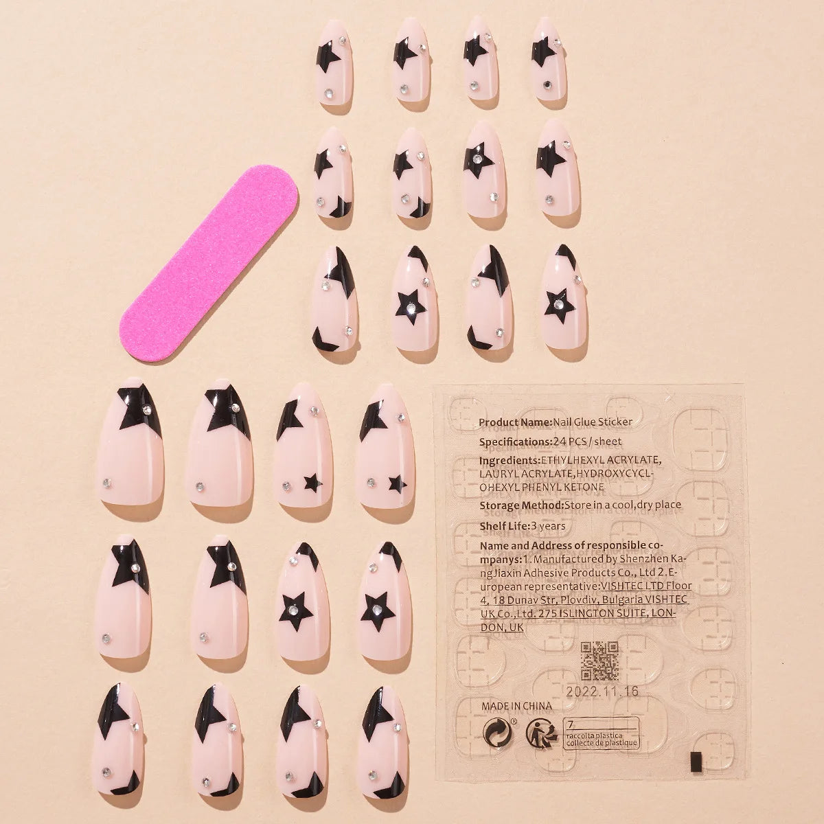 Ddbos 24pcs Black Star False Nail Tips y2k Style Fake Nails Almond False Nail Patch for Girl Women Wearable Full Cover Manicure Tool