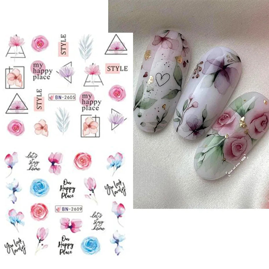 Ddbos 12 pcs Nail Sticker Set Summer Water Decal Nail Art Ink Flowers Leaves Graffiti Slider for Nail Decoration Foils Tattoo