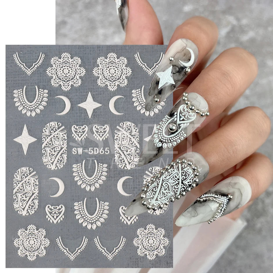 Ddbos 5D Embossed Filigree Stickers Nail Design Brown White Lace Necklace Adhesive Nail Decals Star Moon Carved Decor Sliders SASW-5D