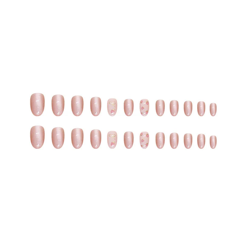 Ddbos 24pcs/set French Strawberry Butterfly Cat Eye Press on Nails Fake Nails Manicure Detachable Nail Tips Oval False Nails Full Set