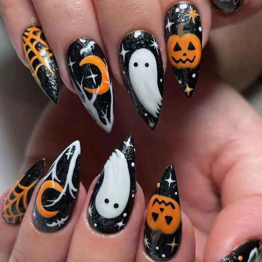 Ddbos New Halloween Fake Nails Patch Black Almond/Coffin Head Artificial Nail Tips Pumpkin Spider Ghost Printed Press on Nail for Girl