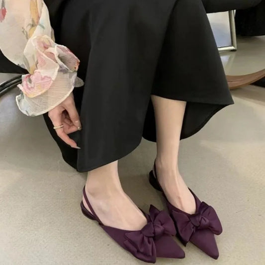 New Summer Luxury Bow Tie Purple Sandals for Women Silk Fairy Style Pointed Flat Bottomed Singles Shoes French Flat DDBOS