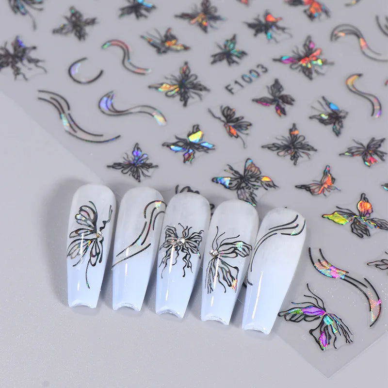 Ddbos 1PCS Black White Butterfly Laser Nail Stickers Y2K Nail Art Decoration Abstract Lines Bronzing Flowers Stickers For Nails