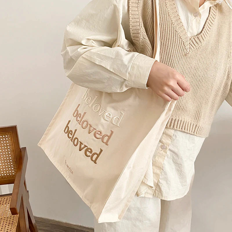 Ddbos BACK TO SCHOOL Women Canvas Shoulder Bag Beloved Embroidery Daily Shopping Bags Students Books Bag Thick Cotton Cloth Handbags Tote For Girls