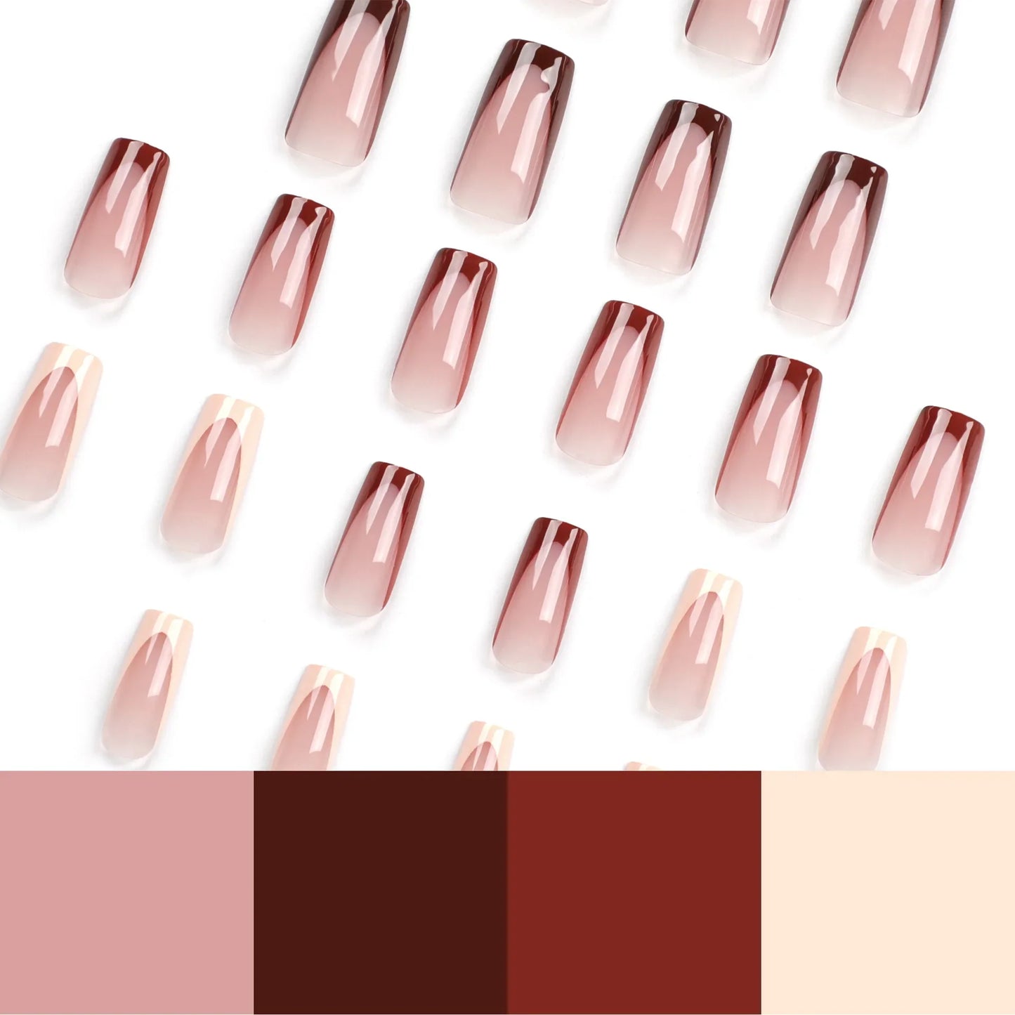 Ddbos Fashion Simple Brown Nude French Long Square Fake Nails Detachable Full Cover Finished False Nails Press on Nails with Glue