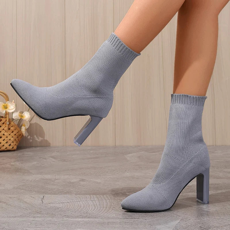 Ddbos Breathable Knitted Mesh Women Ankle Boots Fashionable Point Toe High Pumps 2024 Autumn Slip On Thick Bottom Short Boot