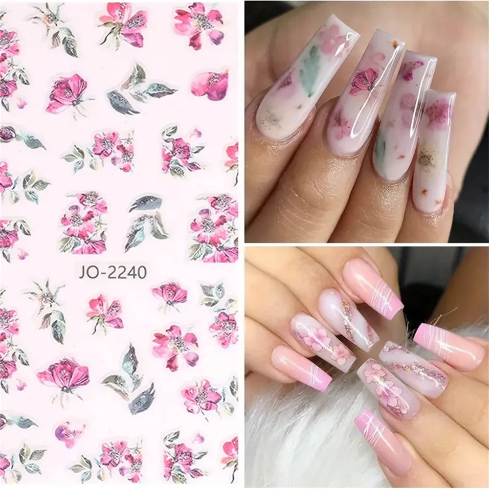 Ddbos 9PCS Spring Flower Nail Art Stickers, Holographic Ink Painting Flower Leaves Nail Transfer Decal Design Girls Nail Pendant