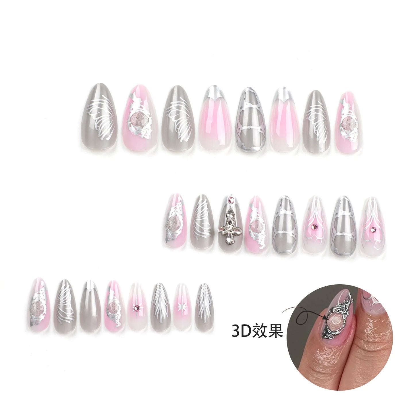 3D Rhinestone Fake Nails Patch Shiny Sliver Pink Design Almond False Nails Full Finished y2k Girl Women Artificial Nail Patch