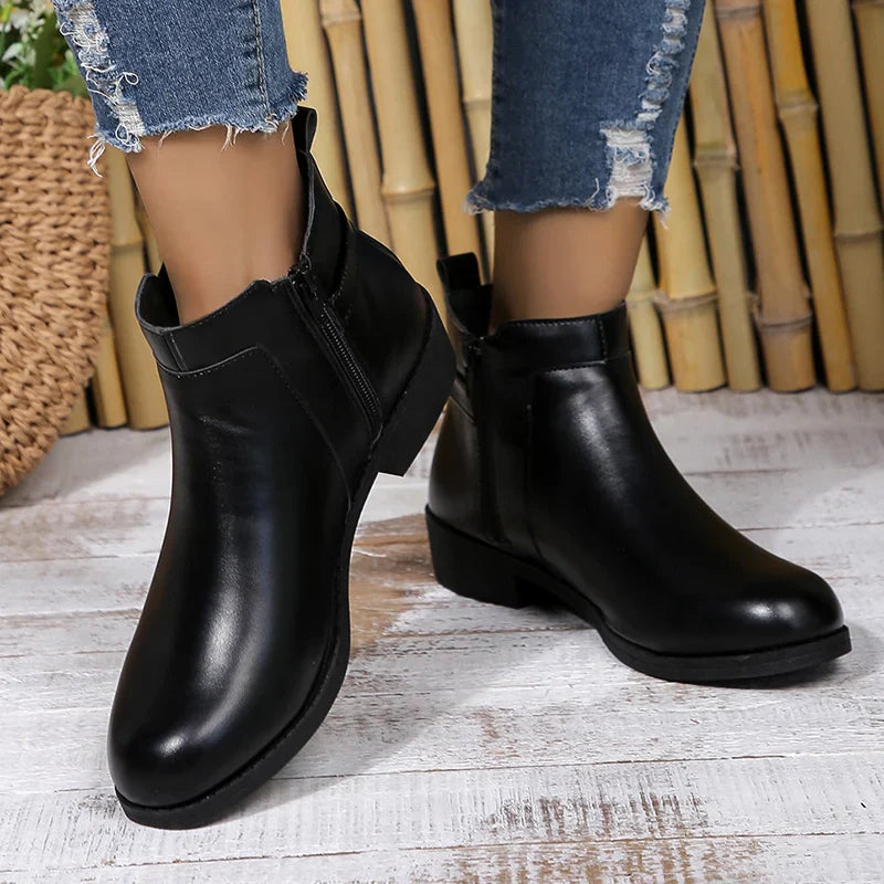 Ddbos Pu Leather Classics Black Thick Heel Ankle Boots Metal Zipper Low Platform Woman Shoes Winter Round Toe Slip On Short Boots