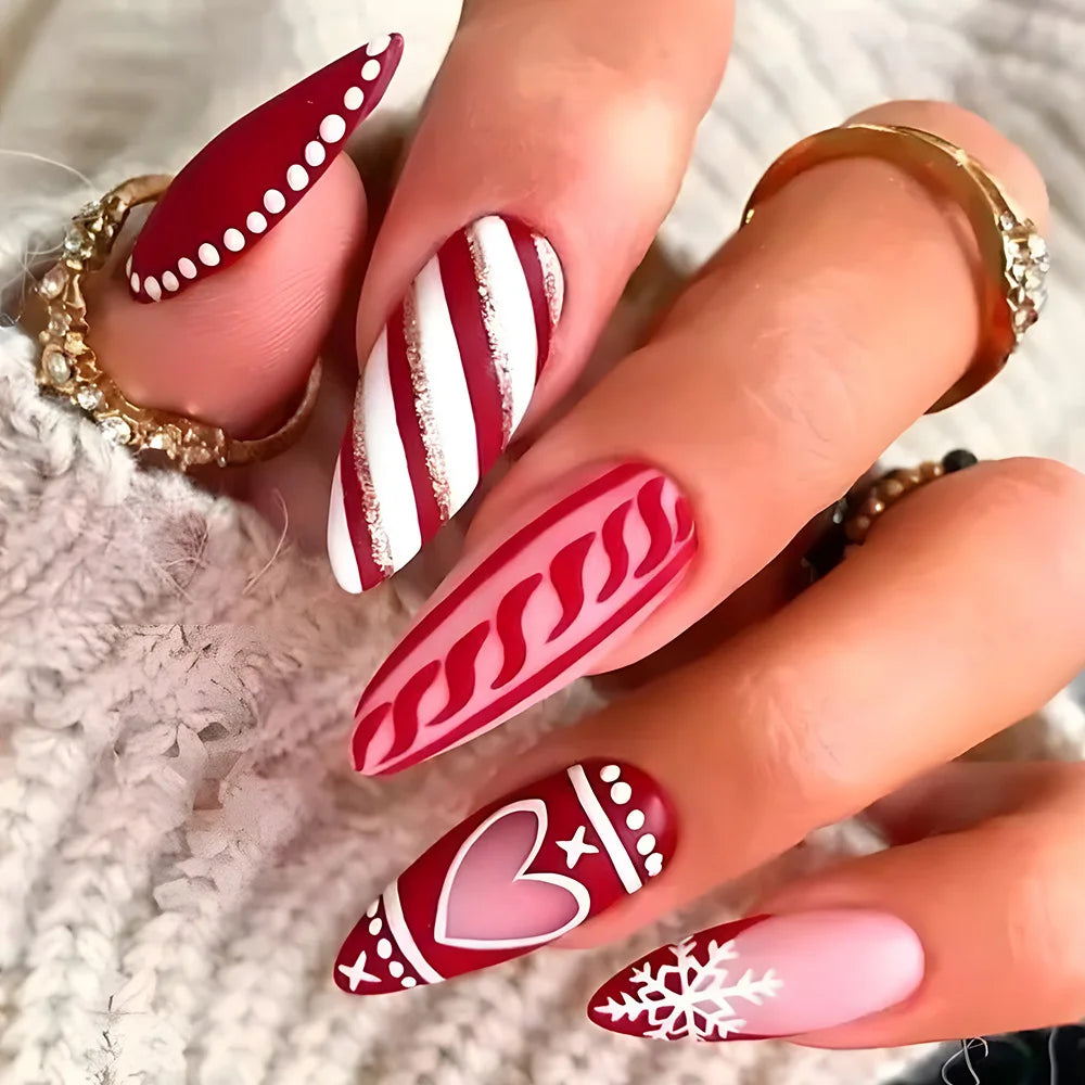 Ddbos New Christmas Fake Nails Cute Elk Snowflake Pattern Red Color Press on Nails Artificial Nails Tip Christmas Gifts for Girls