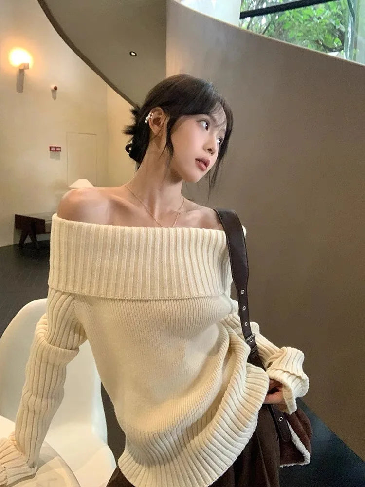 Ddbos comfy outfits winter Vintage Off Shoulder Sweater Women Solid Elegant Sexy Knitwear Long Sleeve Jumper Slash Neck Causal Harajuku Pullovers