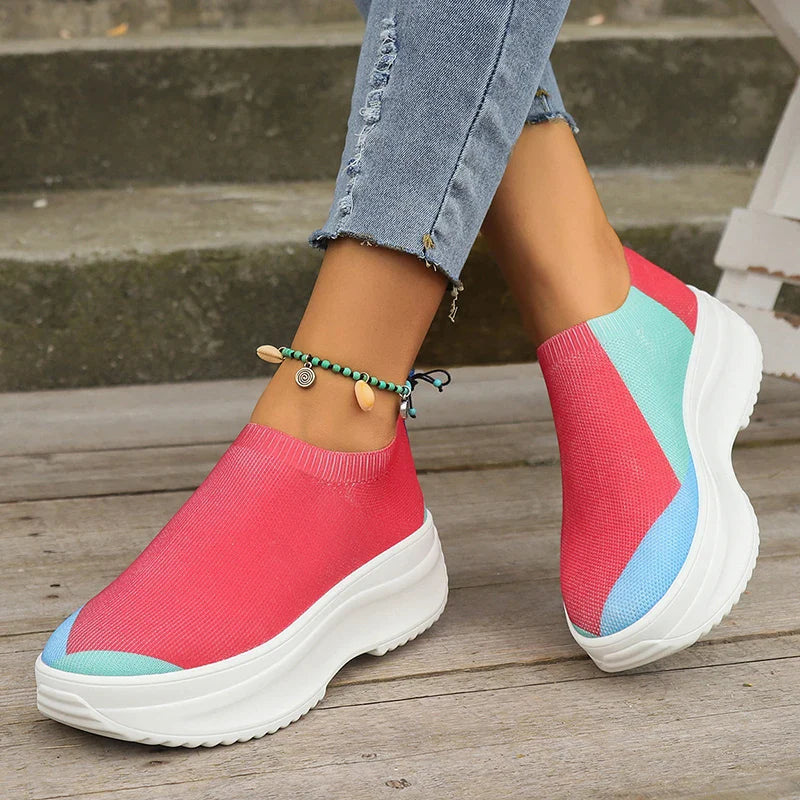 Ddbos Fashion Mix Color Chunky Sneakers for Women Autumn Thick Bottom Platform Sports Shoes Woman Slip On Knitted Vulcanize Shoes