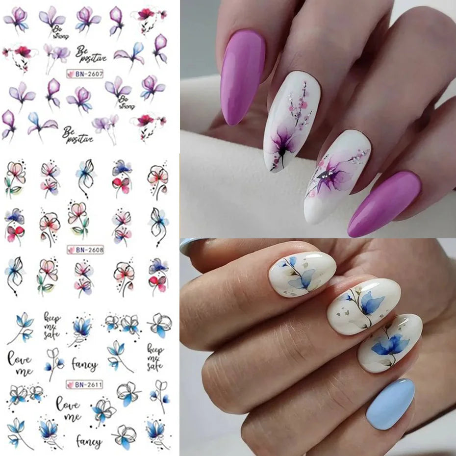 Ddbos 12 pcs Nail Sticker Set Summer Water Decal Nail Art Ink Flowers Leaves Graffiti Slider for Nail Decoration Foils Tattoo