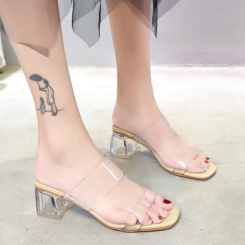 Ddbos New Design Women Clear Sandals Crystal High Heel Buckle Strap Women Party Shoes  Transparent Women Wedding Sandals