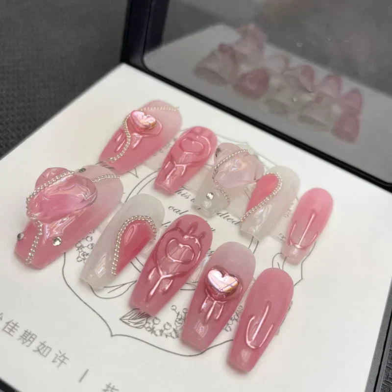 Nails Manicuree Heart False Nails Japanese Wearable Artificial With Designs Pink Handmade Nails Press On Full Cover Professional