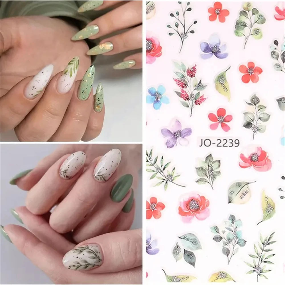 Ddbos 9PCS Spring Flower Nail Art Stickers, Holographic Ink Painting Flower Leaves Nail Transfer Decal Design Girls Nail Pendant