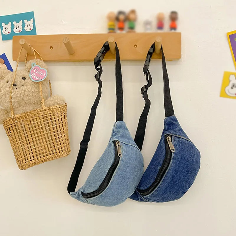 Ddbos Children's Denim Waist Bag Solid Fashion Zipped Kids Waist Pack Casual Outdoor Sport Bodycross Bag Kids Accessories