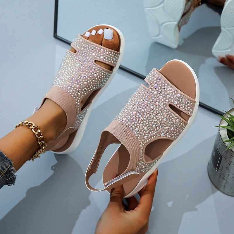 Ddbos New Summer Women Sandals fashion Stretch flying weave Rhinestone Casual Woman Flats Ladies Beach Shoes Women Big size 35-43