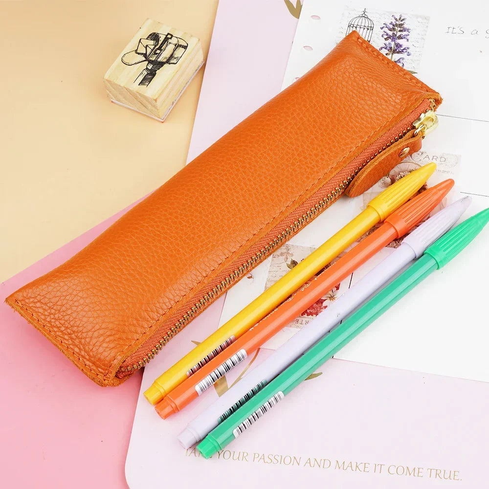 Ddbos BACK TO SCHOOL Natural Leather Zipper Pen Pencil Case Bag Pebbled Grain Leather Creative School Stationary Large Capacity Accessories Pen Pouch