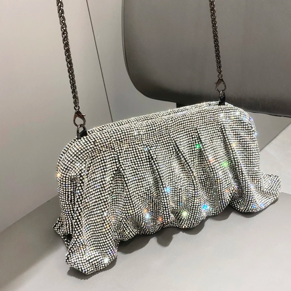 Ddbos Shiny Handle Rhinestones Handmade Evening Clutch Bags New Folds Purses And Handbags Luxury Designer Wedding Party High Quality