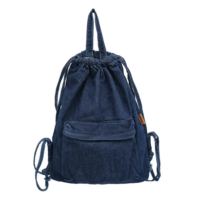 Ddbos Mochila Washed Drawstring Canvas Bag for Women's Retro Fashion Travel Backpack Unisex Solid Color Denim Backpack