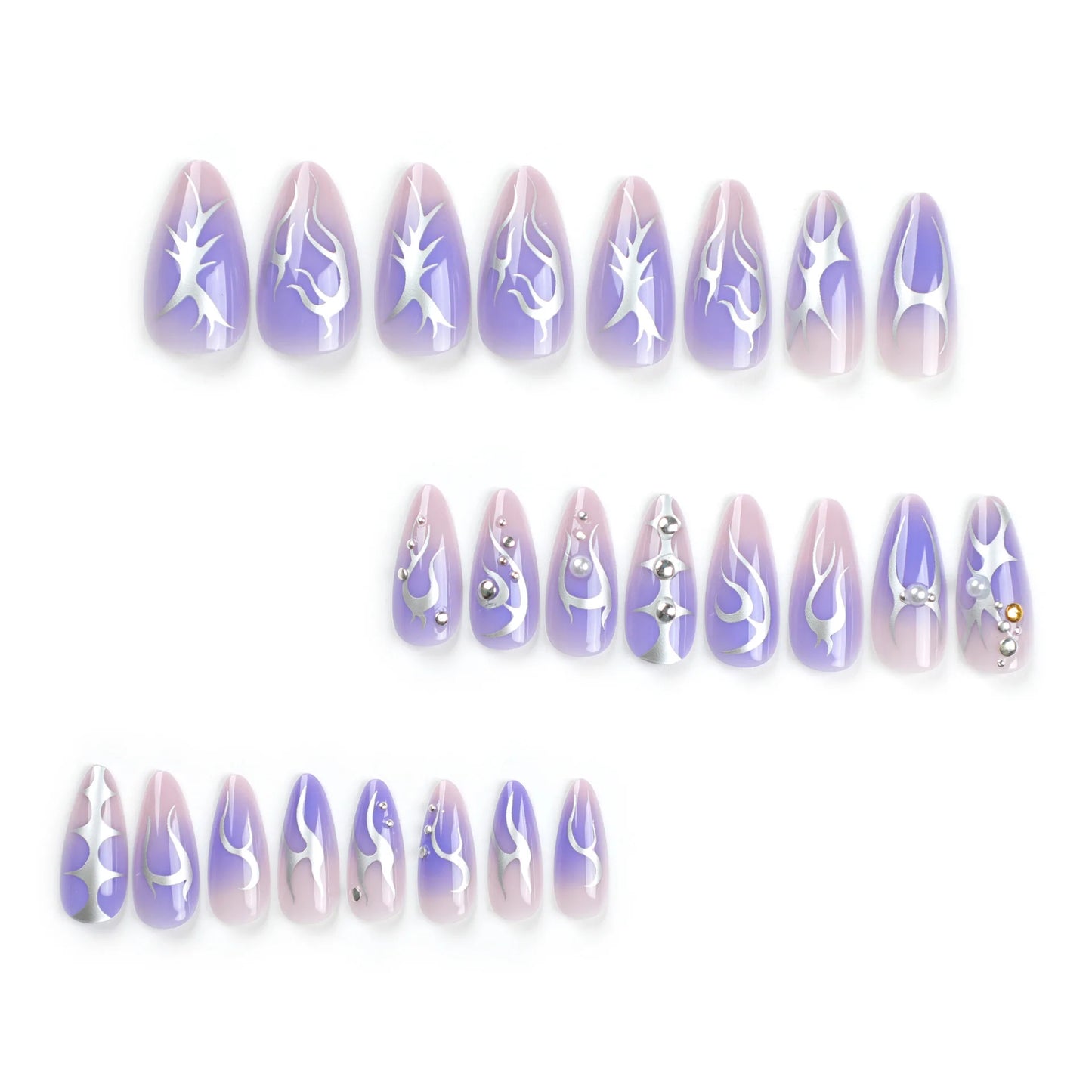 Ddbos 24pcs Fake Y2k Nails Press On Long Almond Nails Silver Flame Stripes False Nails Decoration Glitter Reusable Nail Tips Finished