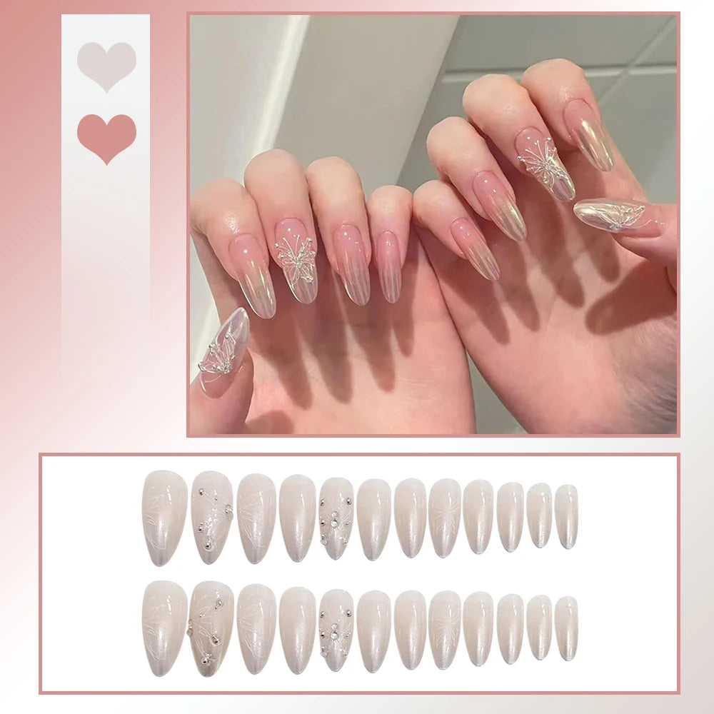 24PCS Sweet Strawberry Press on Nails French Pearl Design Almond False Nails Girl Gifts Detchable Full Cover Fake Nail Patches