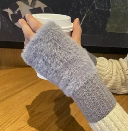 Ddbos Mink Fleece Soft Winter Half Finger Gloves Women Warm Luxury Solid White Plush Knitted Fingerless Gloves Wrist Mittens Writting