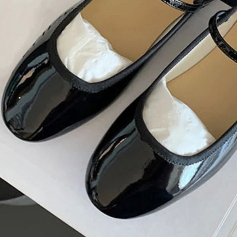 Ddbos Women Flats Mary Jane Ballet Shoes Female Round Toe Glossy Leather Flats Female Dance Ballets Party Ball Bridal Wedding Shoes