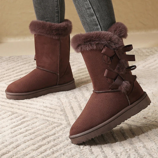 Ddbos Women Flock Fluffy Suede Snow Boots Cute Butterfly Round Toe Warm Boots Autumn Winter Thick Sole Platform Cotton Shoes