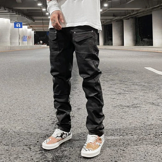 Ddbos Streetwear Kanye Slim Fit Feet Coated Black Jeans Pants for Men Pocket Brushed Wax Tapered Pants Man Casual Cargo Jeans Y2k