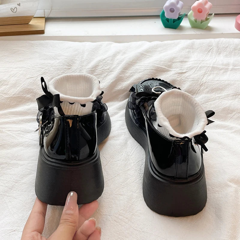 Ddbos Kawaii Lace Bowknot White Lolita Shoes Women Heart Buckle Platform Mary Janes Woman Japanese Style Patent Leather Jk Shoes