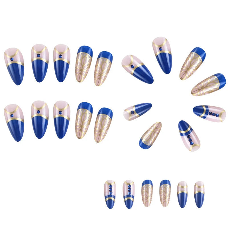 Ddbos 24pcs Mid-length Almond Shape Press On Nails, Blue Fake Nail With Rhinestone Decor, Glitter Full Cover Nails For Women