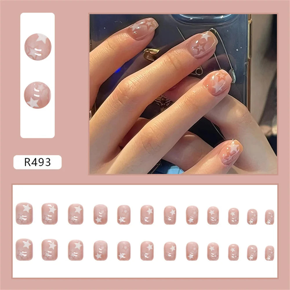 24pcs Gradient False Nails Cute Star Printed Design Fake Nail Short Square Faux Ongles Manicure Nail Stickers Press On Nail Tips